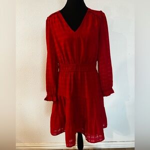 LOFT Red Long Sleeve Tiered Dress Size 6 V-Neck Elastic Waist